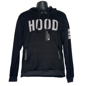 HanMingXuan Faux Leather Lined Slogan Hoodie (Size:XXL, Color:Black/White)